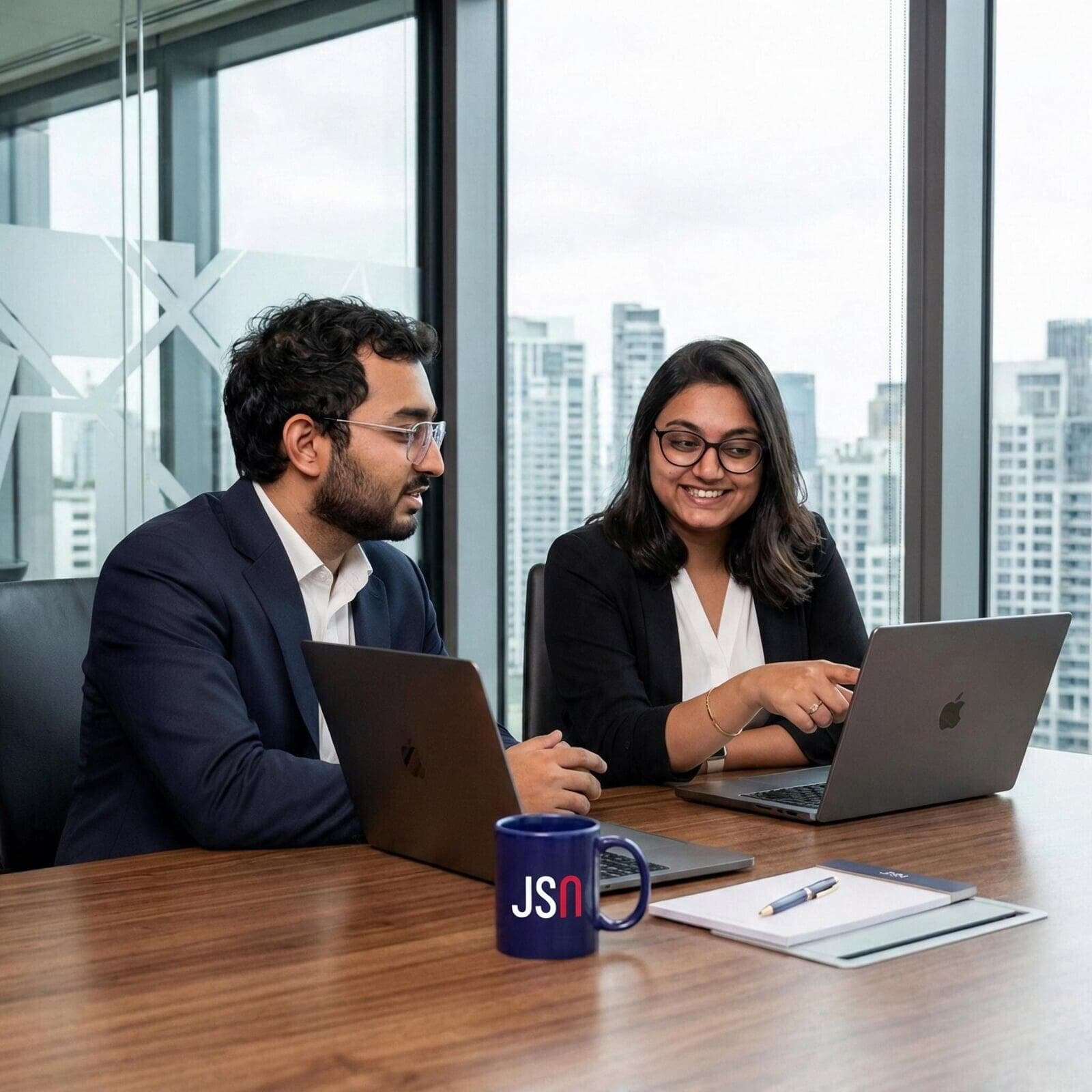Business team collaborating around a laptop